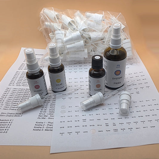100 Sprühaufsätze & 3 Etiketten-Sets für das gesamte Elixier-Sortiment